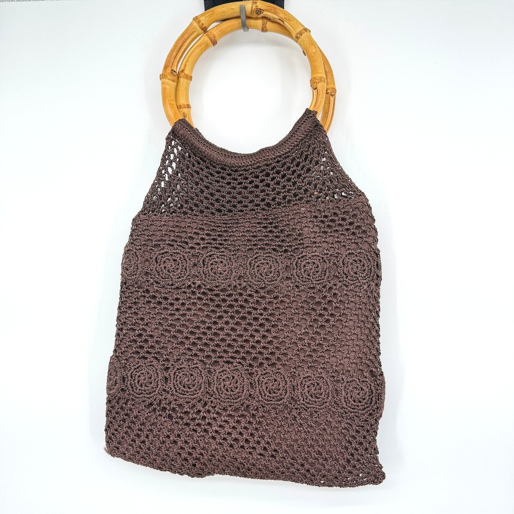 Kmart VTG NEW Crochet Handbag Bamboo Handle Brown Floral Boho Beachy Artisan